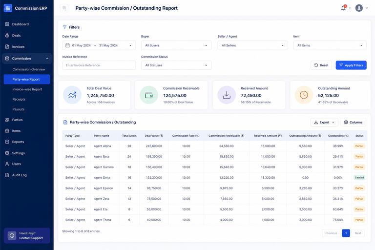 Commission agent reports software visual