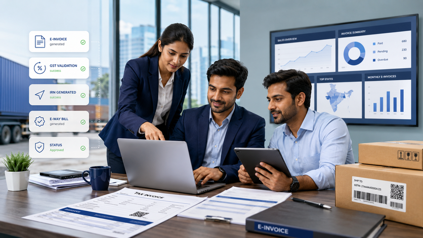 Professional e-invoice and e-way bill software hero visual for Tabco Tech Software