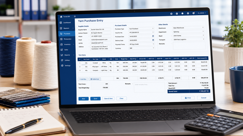 Tabco Tech yarn management entry software screen